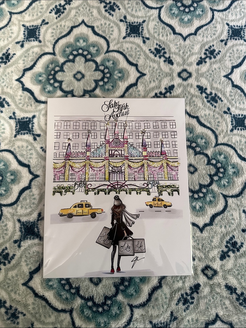 Saks Fifth Avenue Holiday Facade Print in Yellow, Pink, Black
